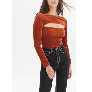 Urban Outfitters Orange Velvet Long Sleeve Peek Bodysuit Small